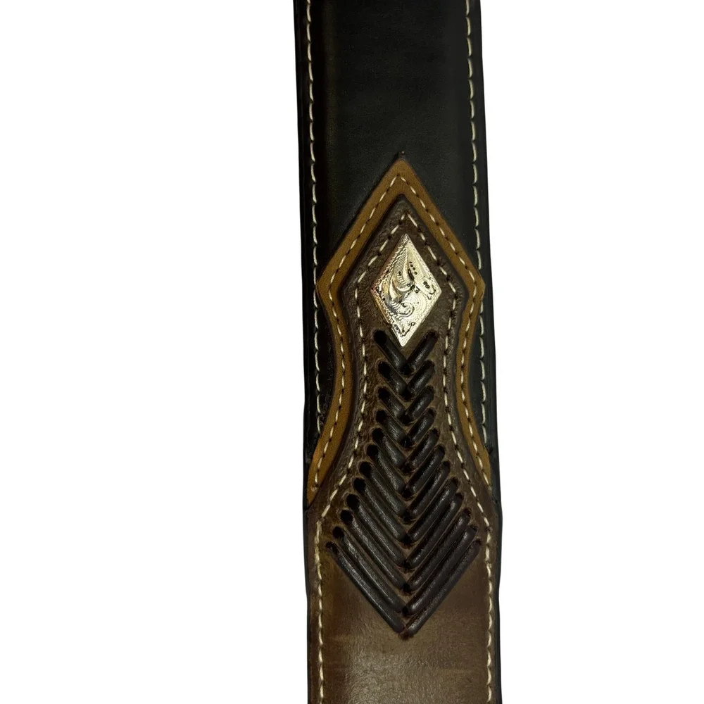 Mens Two Tone Leather Western Belt Black Brown Silver Engraved Buckle Concho
